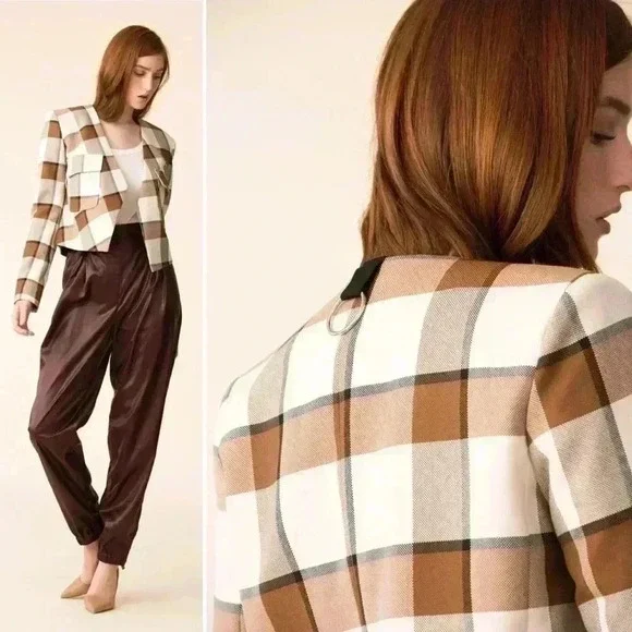Tibi Dylan Plaid Cream Cropped Jacket Blazer in Ivory Camel Size 12 - Picture 15 of 16